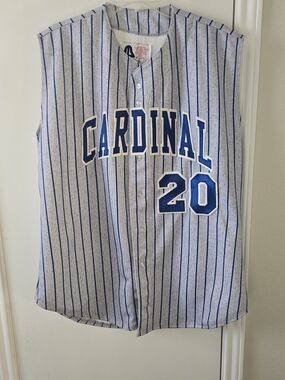 Sleeveless Pinstripe Baseball Jersey in White and Blue - CARDINAL 20